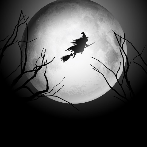 Free vector halloween background with silhouette of a witch flying in the night sky