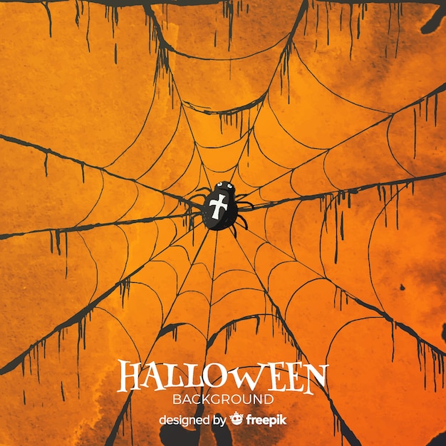 Halloween background with spider web in watercolor