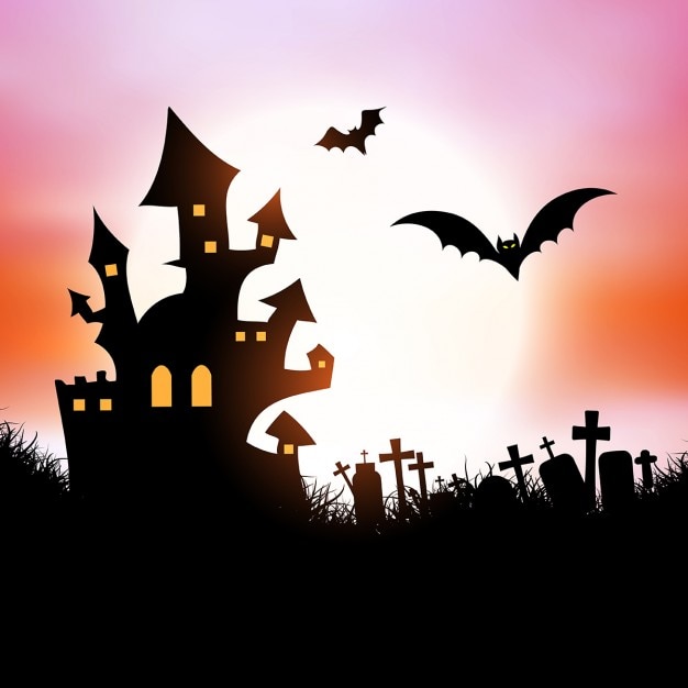 Free Vector halloween background with spooky house and bats