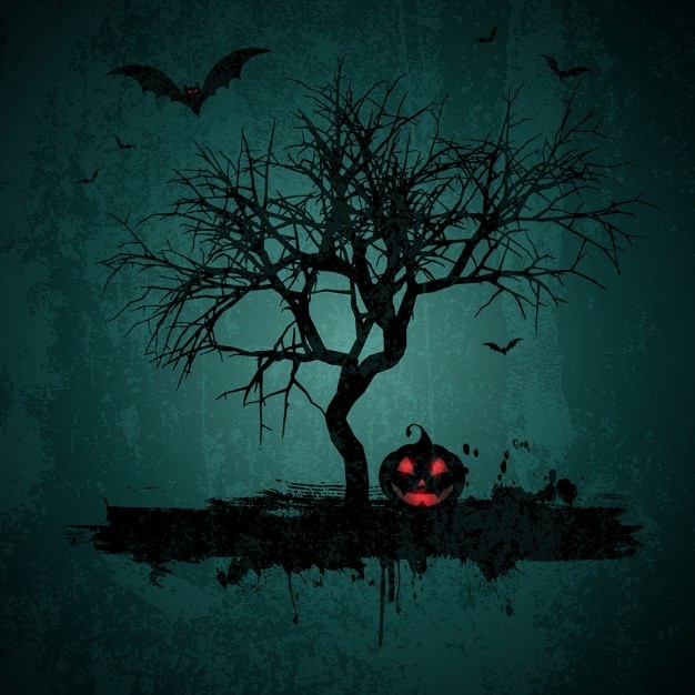 Halloween background with tree and pumpkin in grunge style