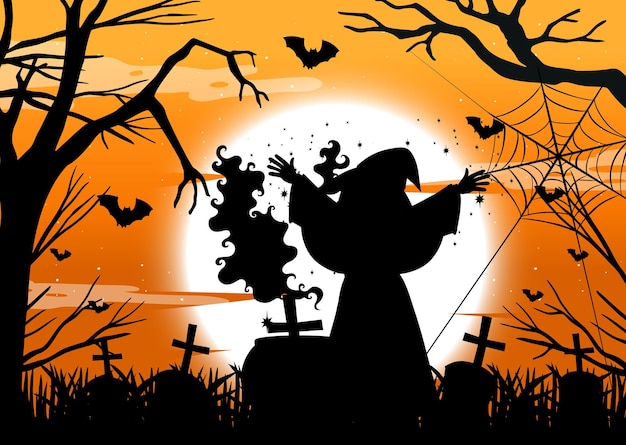 Free vector halloween background with wizard silhouette