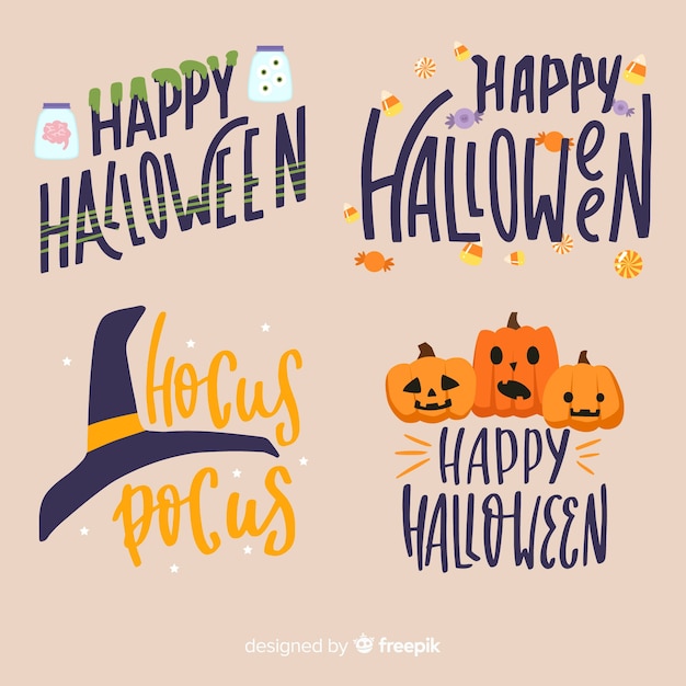 Free vector halloween badge collection with lettering in flat design