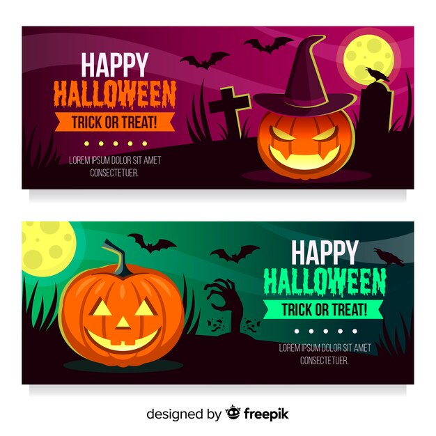 Halloween banner templates with pumpkins and tombstones