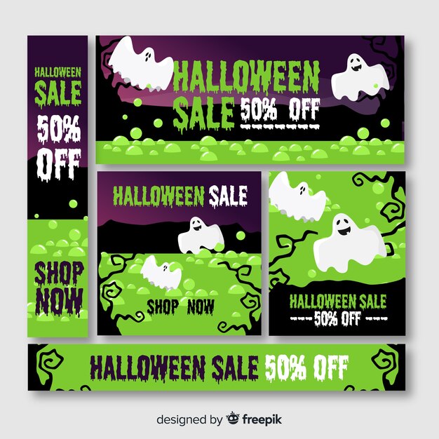 Halloween banner web in green shades with ghosts