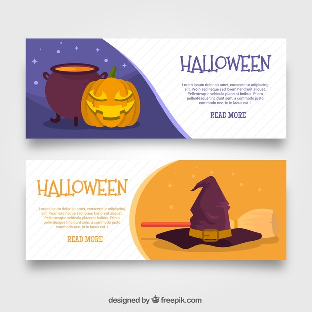 Halloween banners with pumpkin and witch hat