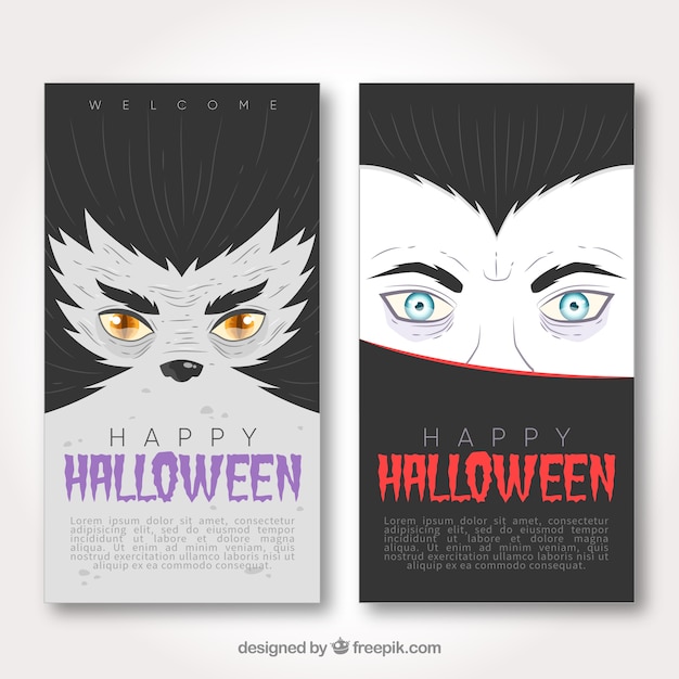 Free Vector halloween banners with vampire and wolfman