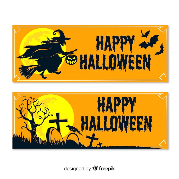 Halloween banners with witch, bats and cemetery