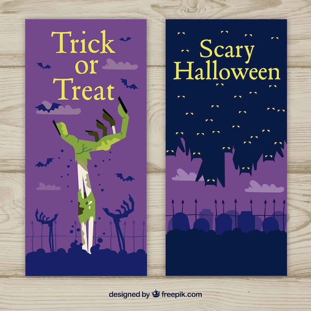 Free Vector halloween banners with zombies and bats