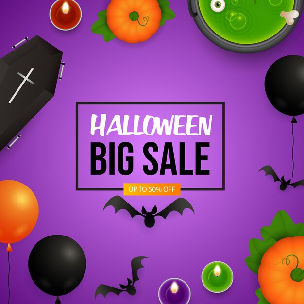 Halloween Big Sale lettering with pumpkins and cauldron