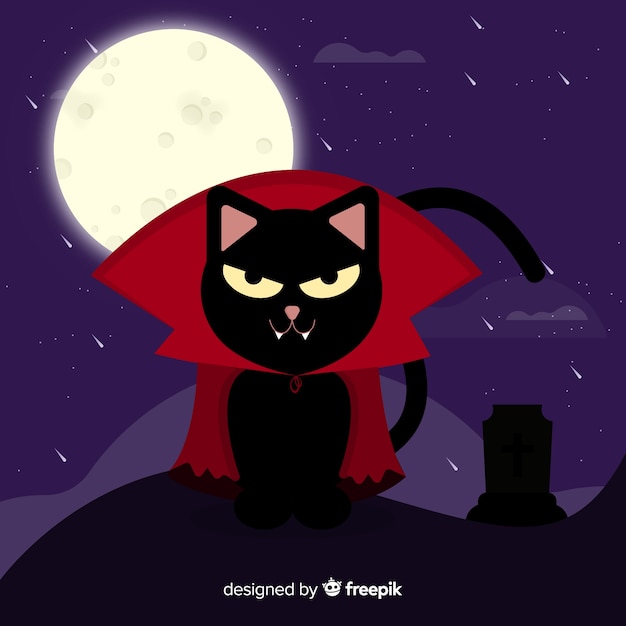 Free vector halloween black cat in dracula costume in flat design