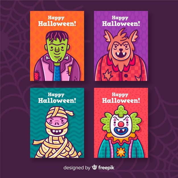 Halloween card collection on violet background with cobweb