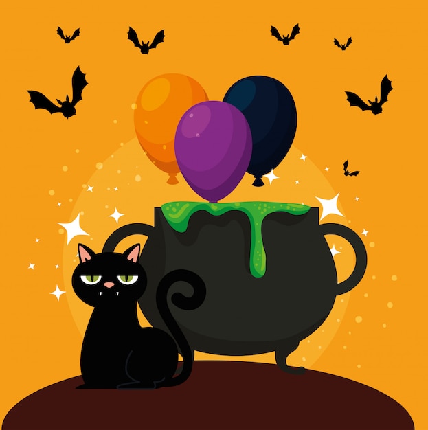 Free Vector halloween card with cauldron and black cat