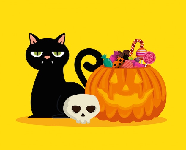 Free vector halloween card with pumpkin and black cat