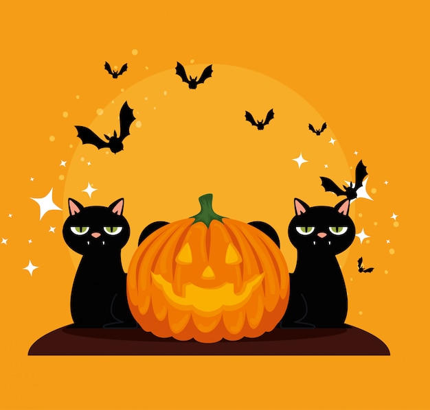 Free Vector halloween card with pumpkin and cats blacks