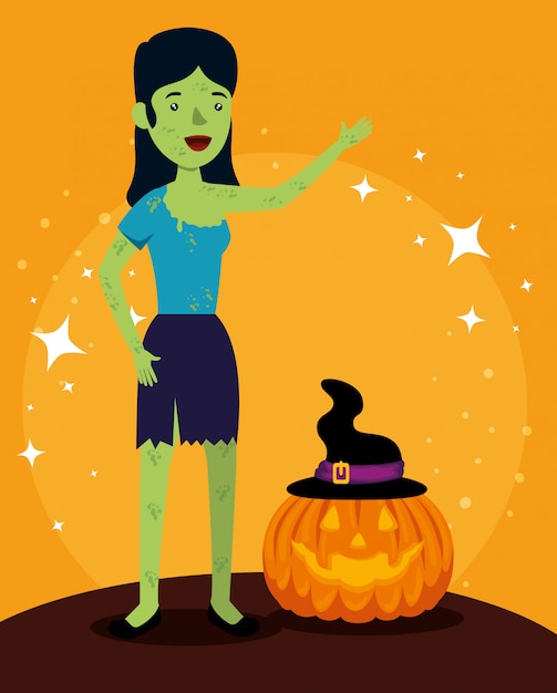 Halloween card with pumpkin and Frankenstein woman