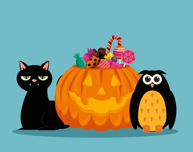 Free vector halloween card with pumpkin and owl