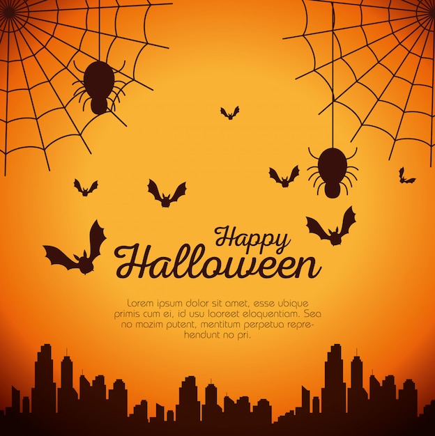 Free Vector halloween card with spider web and bats flying