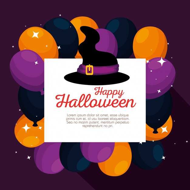 Halloween card with witch hat and balloons