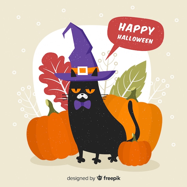 Free vector halloween cat background in flat design