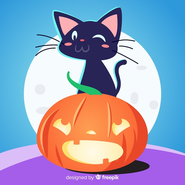 Free vector halloween cat background in flat design