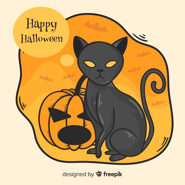 Free Vector halloween cat background in hand drawn style