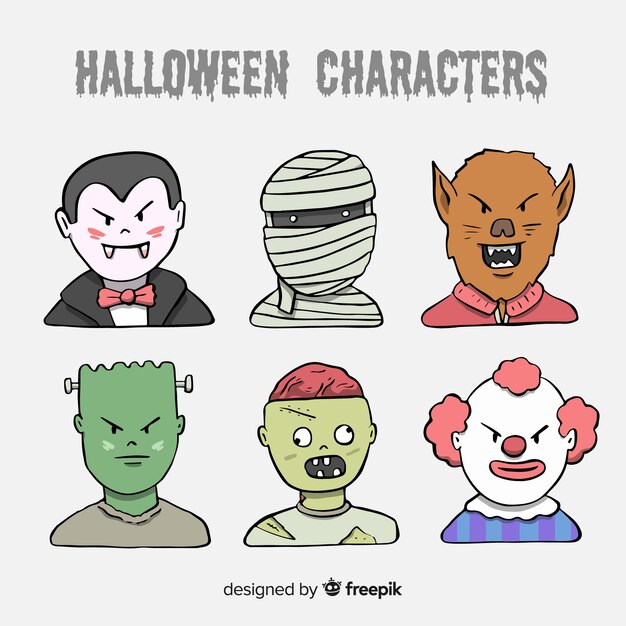 Halloween characters collection in hand drawn style