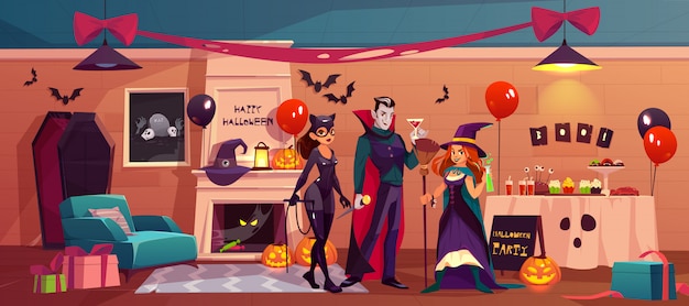 Halloween characters in party decorated interior