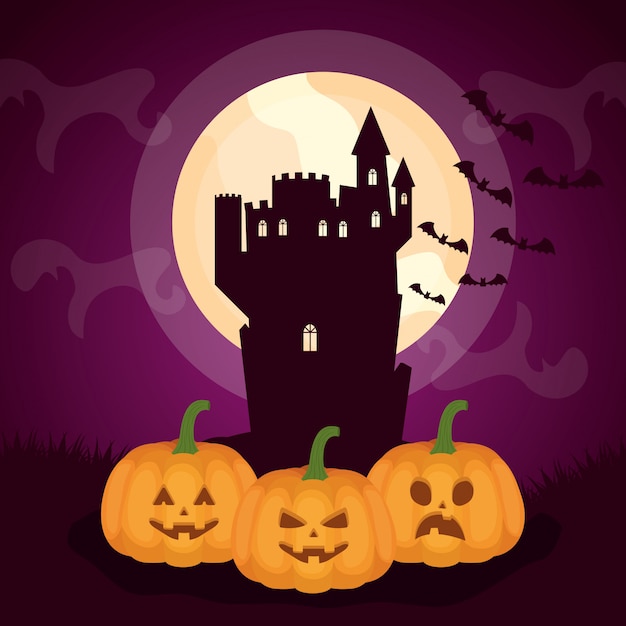 Halloween dark castle with pumpkins