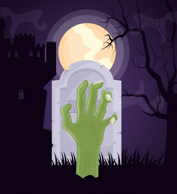 Halloween dark cemetery with zombie hand