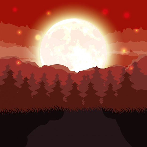 Free Vector halloween dark forest scene with full moon