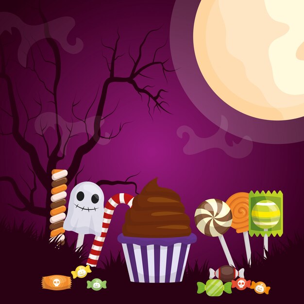 Halloween dark illustration with set candies