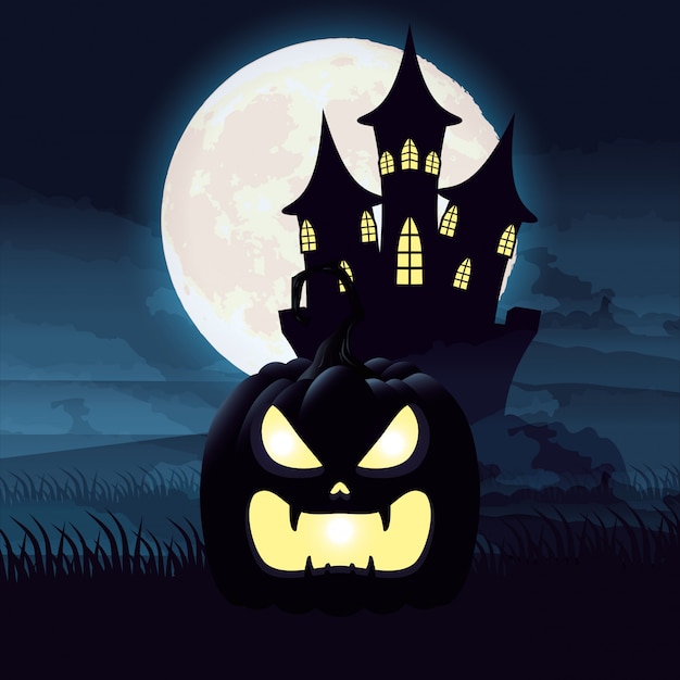 Halloween dark night scene with pumpkin and castle