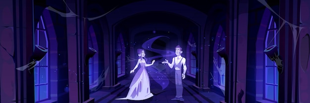 Free Vector halloween dark spooky corridor with ghost couple