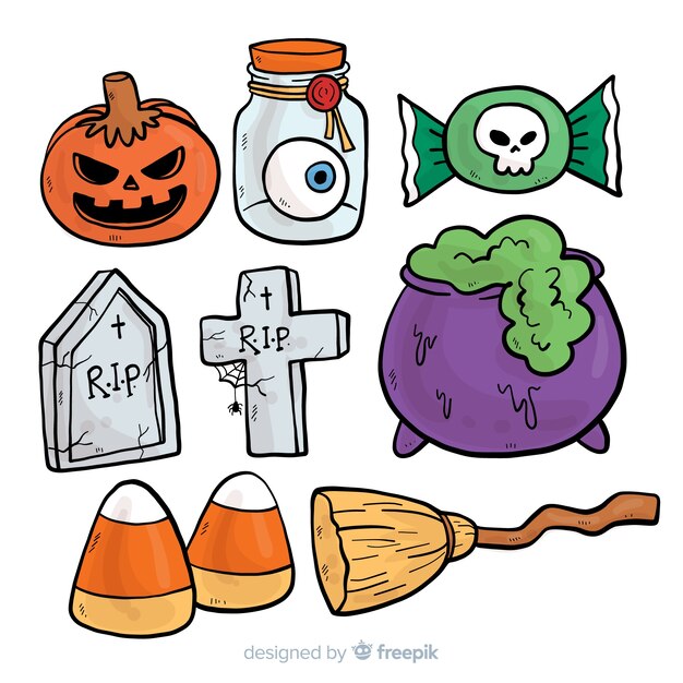 Halloween elements collection in hand drawn style