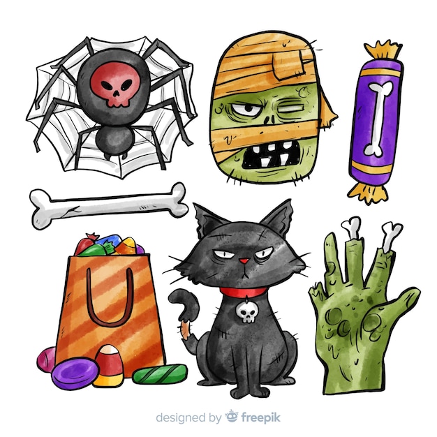 Free vector halloween elements collection in watercolor