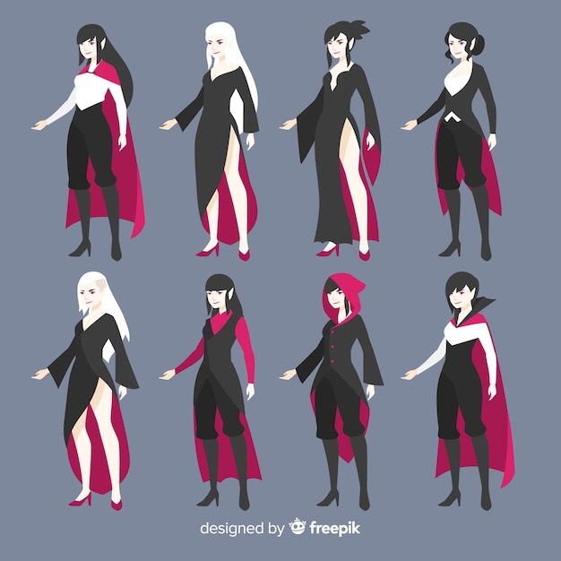 Halloween female vampire character collection in different positions