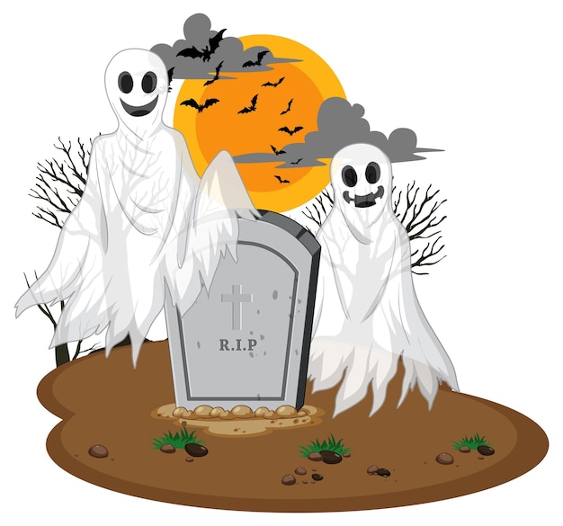 Free vector halloween ghosts with headstone on white background