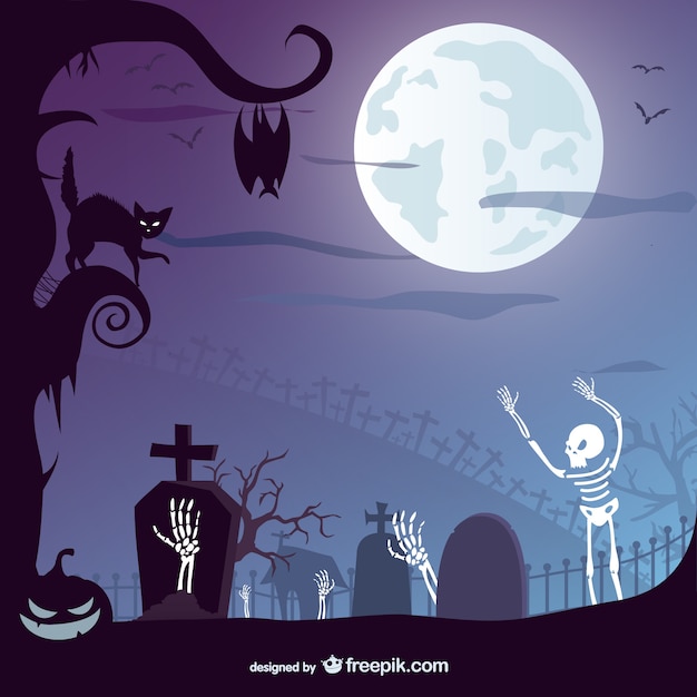 Free vector halloween graveyard with a black cat and skeletons