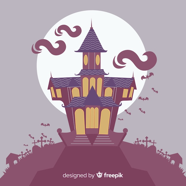 Free Vector halloween haunted house background in flat design