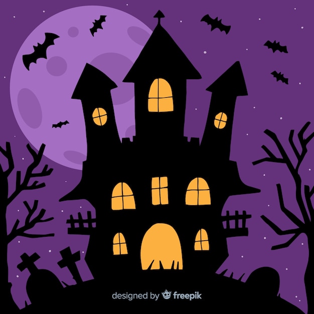 Halloween haunted house background in flat design