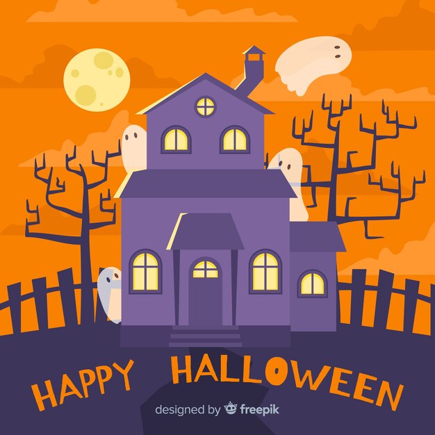 Halloween haunted house background in flat design