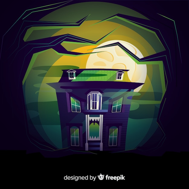 Free vector halloween haunted house background in flat design