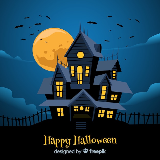 Free Vector halloween haunted house background in flat design