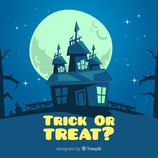 Free Vector halloween haunted house background in flat design