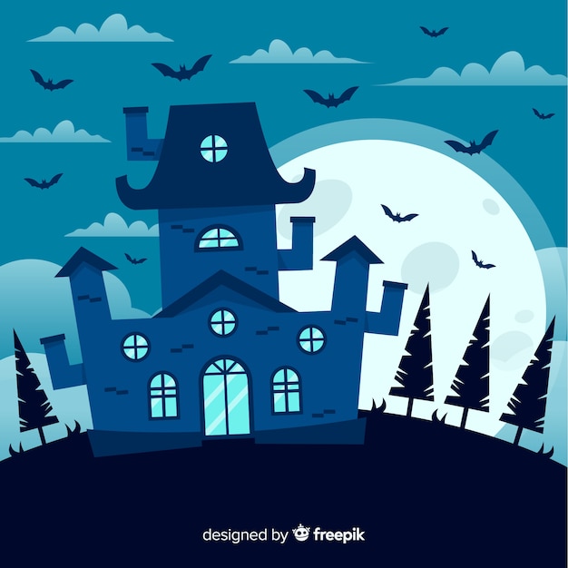 Free Vector halloween haunted house in flat design