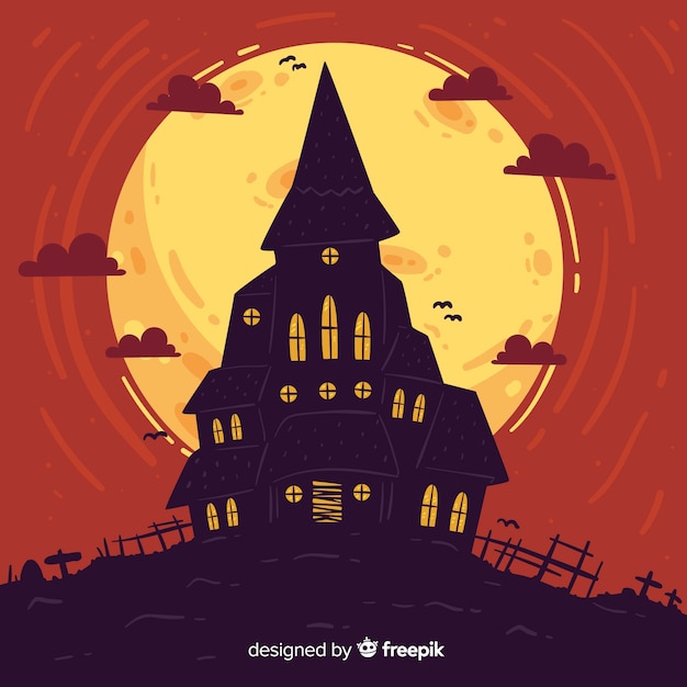 Free vector halloween haunted house with flat design