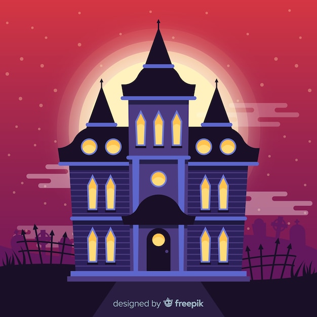 Free Vector halloween haunted house with flat design