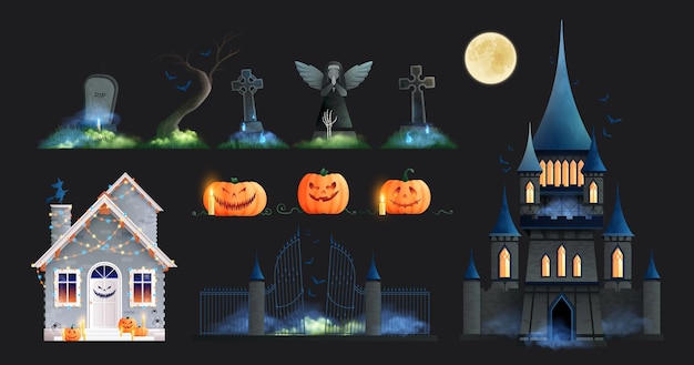 Free Vector halloween holiday glowing elements set of pumpkins cemetery gates gravestones old castle isolated on black background cartoon vector illustration