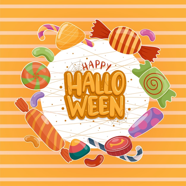 Halloween icon vector with colorful candy on the white-orange background.