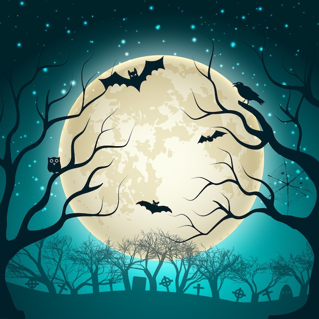 Free vector halloween illustration with big glowing moon ball on night sparkle sky and bats in magic forest flat